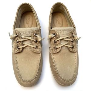Sperry Womens Songfish Boat Shoe Snakeskin Top Leather Beige Oat Khaki Size 6m